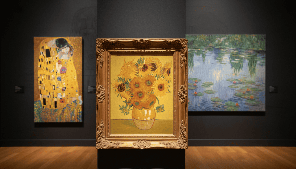A beautifully arranged tableau featuring reproductions of iconic paintings by Vincent Van Gogh, Claude Monet, and Gustav Klimt. In the foreground, present a well-lit gallery setting with an ornate wooden frame showcasing Van Gogh's vibrant sunflowers and sweeping brushstrokes. In the middle, display Monet's serene water lilies with soft reflections dancing on the surface, enhancing the tranquil atmosphere. To the side, include Klimt's golden ornate patterns shimmering under ambient lighting, creating a rich contrast. The background features subtle dark gallery walls, highlighting the artwork. The overall mood is one of inspiration and elegance, evoking admiration for the masterpieces of these great artists. The scene should be captured from an angle that invites viewers into the gallery, creating a sense of intimacy with the art.