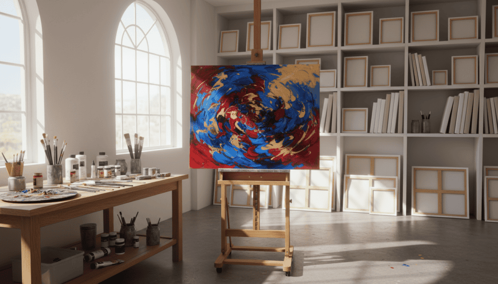 A beautifully arranged workspace featuring a custom art studio. In the foreground, a large canvas on an easel, showcasing a vibrant, abstract painting with splashes of blue, red, and gold, symbolizing creativity and customization. The middle ground displays an assortment of high-quality art supplies, like brushes, palettes, and tubes of paint, all neatly organized. Soft natural light filters through a large window, casting gentle shadows and illuminating the artistic process. The background features shelves filled with various painting formats, illustrating the concept of customizable sizes. The mood is inspiring and professional, evoking a sense of transparency and artistic freedom. No human subjects are present.