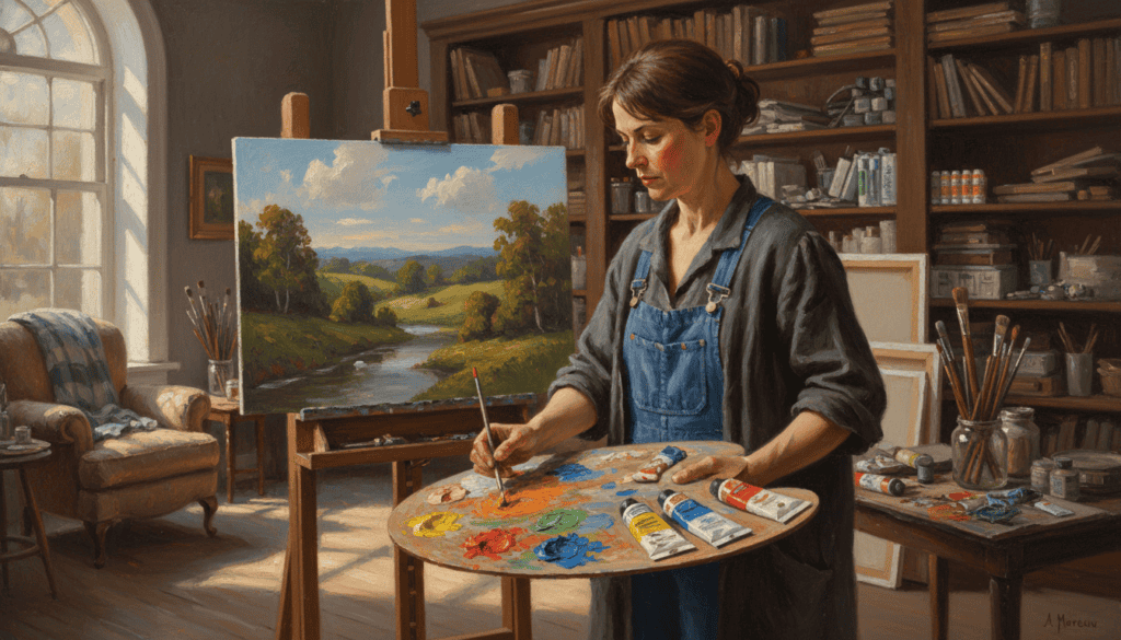 A beautifully detailed reproduction of an oil painting on canvas, showcasing an artisan at work in a sunlit studio. In the foreground, the artist is focused, wearing professional attire, mixing vibrant oil paints on a palette. The middle ground features an easel displaying a partially completed landscape painting, rich in colors and textures that capture the essence of nature. In the background, shelves are lined with premium art supplies, including brushes, canvases, and tubes of oil paint, emphasizing craftsmanship. Soft, warm lighting streams in from a large window, casting gentle shadows and creating an inviting atmosphere. The overall mood reflects dedication and artistry, highlighting the skill involved in creating high-quality oil paintings. The scene is serene and inspiring, perfect for an artistic setting.