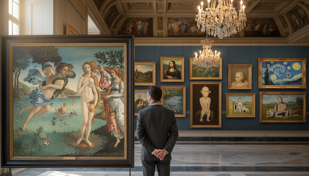 A classic art gallery scene showcasing a range of famous paintings from the Renaissance to Modern Art, beautifully displayed on ornate wooden frames. In the foreground, a well-dressed art enthusiast, wearing elegant business attire, examines a vibrant Renaissance masterpiece, captured in soft natural lighting. The middle section features various iconic works, each distinct in style and medium, arranged harmoniously along the gallery walls. The background reveals a delicately painted ceiling and stylish chandeliers, casting warm golden light throughout the space, creating an inviting and contemplative atmosphere. The scene is composed with a slight depth of field effect, emphasizing both the art and the appreciation of the viewer, against a softly blurred backdrop to enhance the focus on the masterpieces.