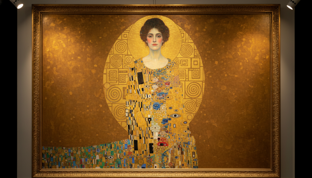 A high-quality oil painting reproduction of a Gustav Klimt style artwork, featuring heavy gold leaf textures, intricate geometric patterns, and Byzantine-inspired mosaics, shimmering under warm studio lighting.