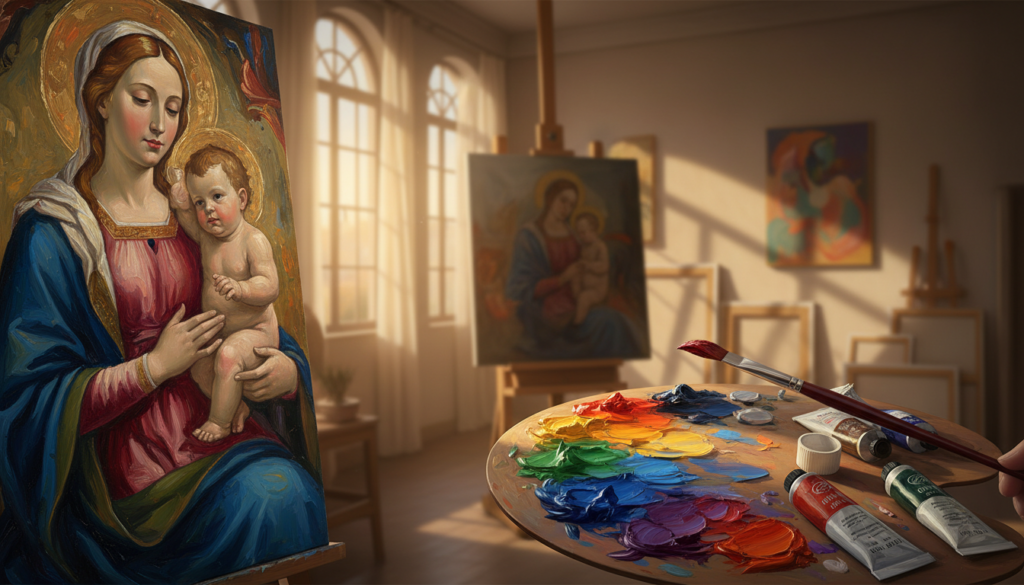A high-quality oil painting reproduction showcasing the intricate details of a Renaissance masterpiece transitioning into modern art techniques. In the foreground, vibrant hues blend seamlessly, highlighting brush strokes and textures that mimic the original artwork's depth. The middle ground features an artist's palette with rich oil paints, carefully arranged, reflecting the meticulous process of hand-painted reproductions. In the background, a softly lit studio setting with natural light pouring in through large windows creates a warm, inviting atmosphere. The studio is adorned with potted plants and shelves filled with art books, enhancing the creative vibe. The overall mood is artistic and professional, emphasizing the unique craftsmanship and dedication to art reproduction located in Vietnam.