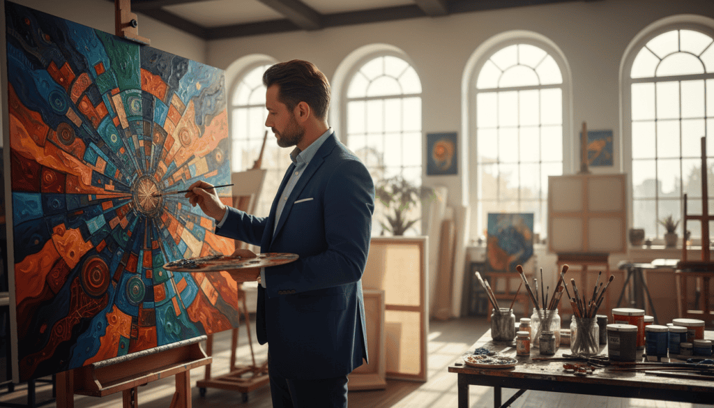 A high-quality reproduction of a large, elegant art tableau featuring a mesmerizing abstract design, with bold colors and intricate patterns that evoke creativity and inspiration. In the foreground, a sophisticated artist dressed in smart casual attire is closely examining the artwork using a palette and brush, showcasing the detailed process of creating custom reproductions. The middle ground features a high-end studio filled with a variety of art supplies and canvases. The background shows large windows allowing natural light to flood the space, creating a bright, inviting atmosphere. The scene is captured with a slight depth of field, focusing on the artist and the artwork, while soft shadows enhance the depth, conveying a sense of professionalism and artistic passion.