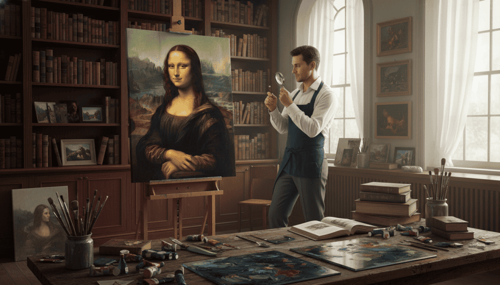 A highly detailed art studio filled with natural light, showcasing a skilled artist in professional attire, meticulously inspecting a large reproduction of a classical painting. In the foreground, vibrant color palettes and art tools scattered on a wooden table, conveying the precision of museum-quality reproduction. The middle ground features an easel holding a stunningly faithful copy of an original masterpiece, highlighting meticulous brushstrokes and rich textures. The background reveals shelves lined with art books and framed artworks, enhancing the artistic atmosphere. Soft, diffused sunlight streams through large windows, casting gentle shadows and creating a warm, inviting ambiance that evokes dedication and craftsmanship in art reproduction.