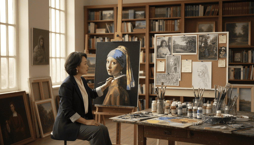 A serene art studio filled with natural light streaming through large windows, revealing an artist at work. In the foreground, the artist, a middle-aged Asian woman in professional attire, is carefully painting a reproduction of a classic masterpiece on a canvas. The vibrant colors of the painting contrast with the subtle earth tones of the studio. In the middle ground, various art supplies are neatly organized on a wooden table, while sketches and reference images are pinned to a corkboard. In the background, shelves lined with art books and original artwork create a cozy atmosphere. The mood is focused and inspiring, conveying the essence of legally reproducing art with respect and creativity. Use soft, warm lighting to enhance the inviting ambiance, and capture the scene from a slightly elevated angle to include all elements harmoniously.