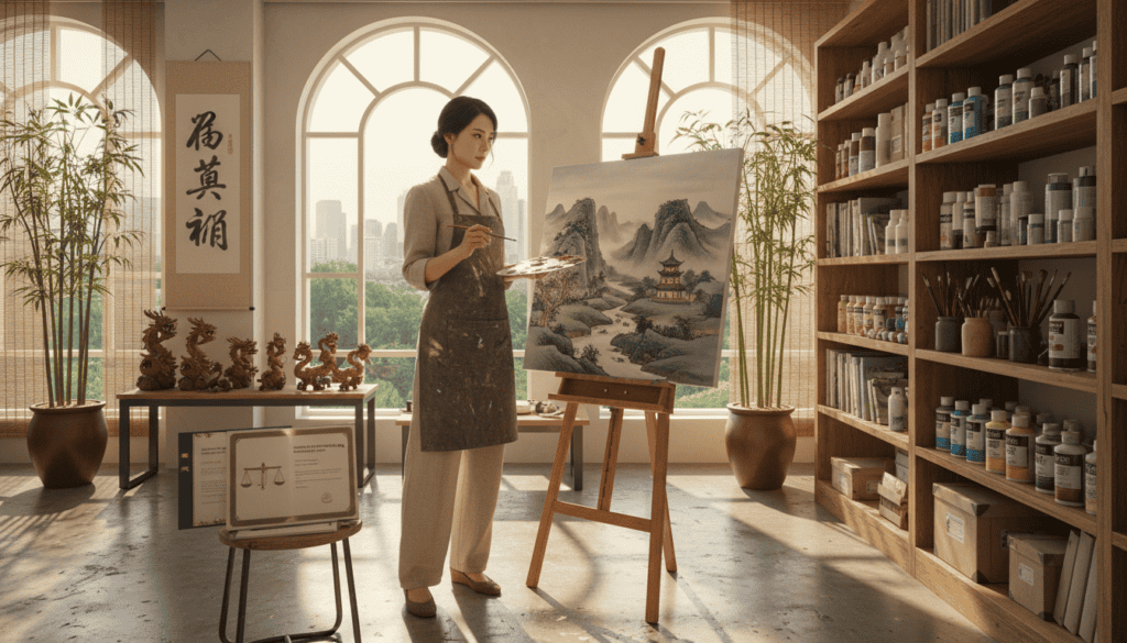 A serene art studio setting showcasing a stylish workspace for painting reproductions legally in Asia. In the foreground, a skilled artist in professional attire stands confidently beside an easel, meticulously painting a beautiful landscape reproduction. The artist displays focus and creativity, with soft natural light illuminating their work. In the middle ground, shelves filled with vibrant paints and art supplies create an inspiring atmosphere, while large windows allow sunlight to pour in, casting gentle shadows. The background features delicate Asian-inspired decor, including bamboo plants and traditional artwork, enhancing the ambiance of freedom and creativity. The overall mood is empowering and uplifting, reflecting the flexible Asian regulations that encourage artistic expression in a welcoming environment.