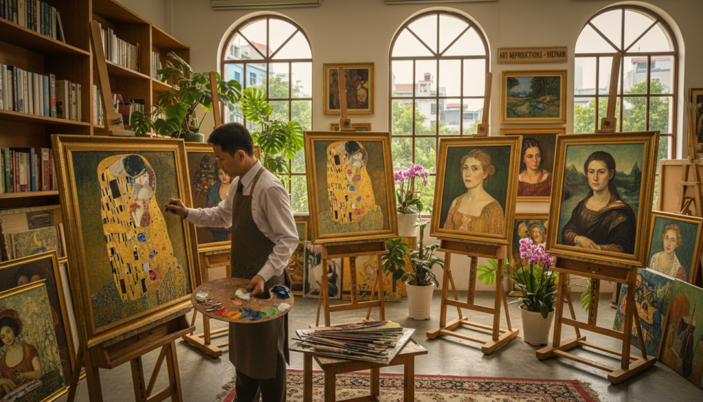 A vibrant art studio in Vietnam, showcasing high-quality reproductions of renowned Renaissance and Modern artworks. In the foreground, an artist in professional attire carefully paints on a canvas, surrounded by tools like brushes and color palettes. The middle ground features several framed reproductions of famous paintings elegantly displayed on wooden easels, highlighting details like brush strokes and vivid colors. In the background, large windows bathe the room in warm, natural light, creating an inviting and inspiring atmosphere. The studio is adorned with potted plants and shelves filled with art books, enhancing the creative vibe. The overall mood is artistic and professional, emphasizing the unique craftsmanship and dedication to art reproduction located in Vietnam.