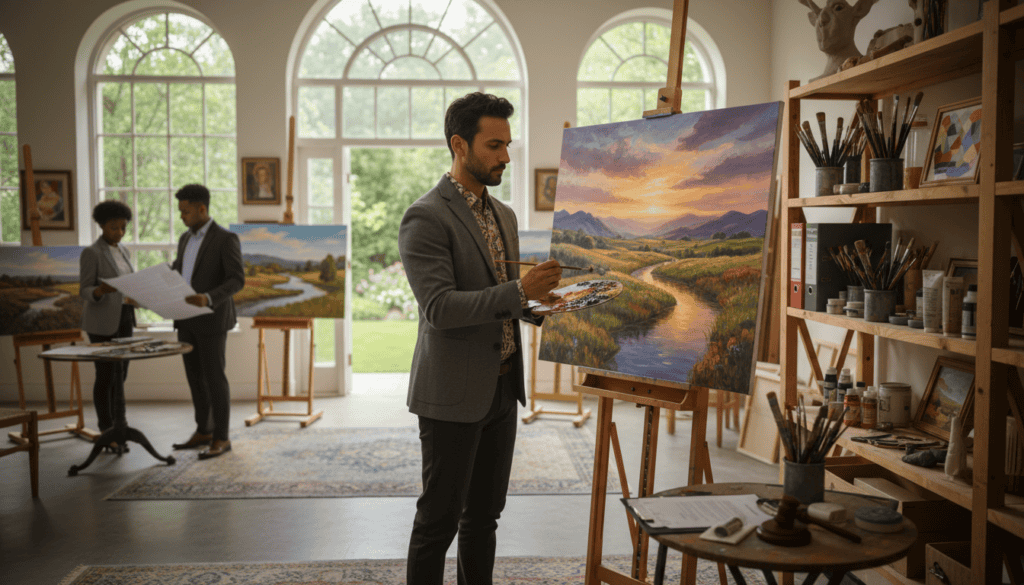 A vibrant art studio scene filled with artistic inspiration. In the foreground, a professional artist wearing a smart casual outfit stands at an easel, meticulously painting a large canvas that depicts a beautiful landscape scene, rich in color and detail. In the middle ground, shelves lined with various art supplies, brushes, and finished artwork can be seen, showcasing a blend of traditional and modern styles. In the background, large windows allow natural light to flood the space, creating a warm and inviting atmosphere, with hints of greenery visible outside. The overall mood is one of creativity and collaboration, emphasizing the theme of commissioned artwork in a legal context. The lighting is soft and diffused, giving a sense of calm and focus, with a shallow depth of field to highlight the artist's work and the vibrant colors of the paint.