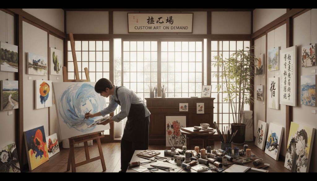 A vibrant art studio set in an elegant Asian environment, showcasing the essence of "custom paintings on demand." In the foreground, a professional artist, dressed neatly in casual business attire, is carefully painting on a large canvas, surrounded by an array of colorful paint tubes and brushes. In the middle ground, several completed artworks hang on the walls, exhibiting various styles and themes. The background reveals tall windows, allowing soft, natural light to flood the room, enhancing the creative atmosphere. The overall mood is inspiring and peaceful, reflecting the joy and creativity involved in ordering customized artwork. Capture the sense of craftsmanship and professionalism in this artistic space.