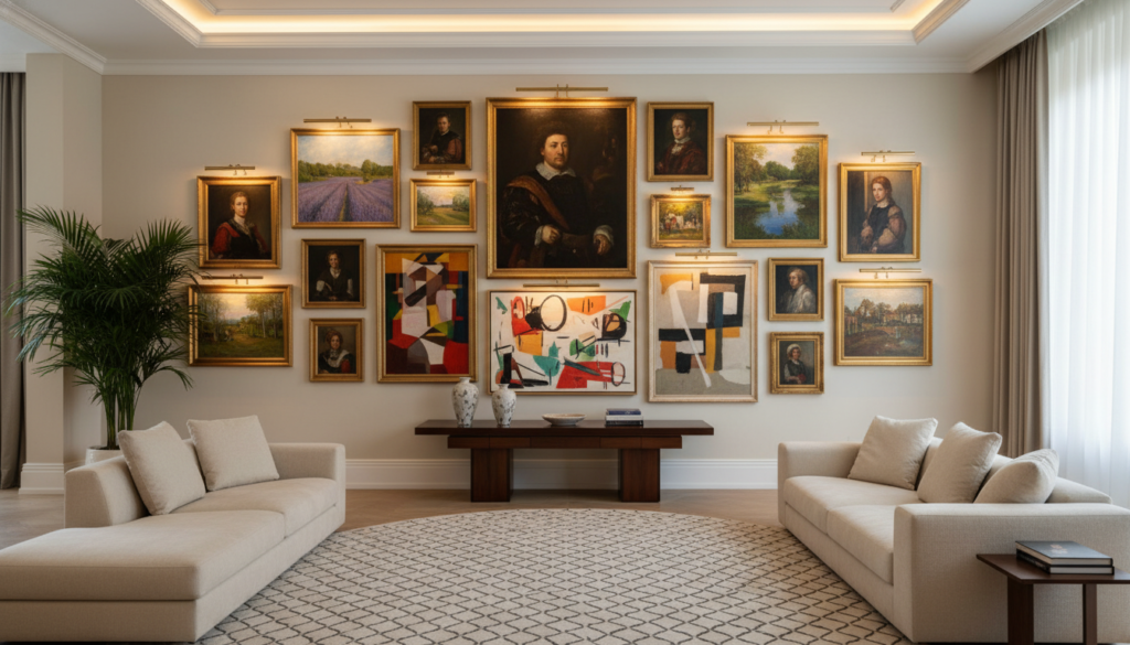 A wide-angle professional photograph of a luxury living room gallery wall featuring a mix of Renaissance portraits, Impressionist landscapes, and Modern abstract paintings, elegant lighting, 8k resolution.