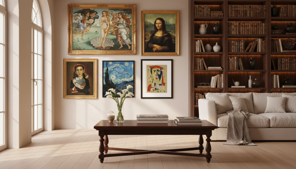 An elegantly designed interior space showcasing high-quality reproductions of famous paintings, set against a softly lit backdrop. In the foreground, a stylish wooden coffee table with art books and a small vase, enhancing the artistic atmosphere. The middle ground features a beautifully arranged gallery wall displaying iconic works from the Renaissance to Modern Art, framed in ornate gold and minimalist black frames. Warm, diffuse sunlight streams through large windows, casting gentle shadows and creating a cozy ambiance. In the background, a tastefully decorated bookshelf filled with art literature and decorative objects complements the space. The overall mood is sophisticated and inviting, embodying elegance and accessibility in art appreciation.