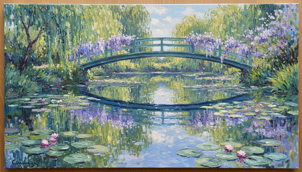 Authentic oil painting reproduction of Claude Monet at Giverny, impressionist style, focus on natural light and water reflections, vibrant colors.