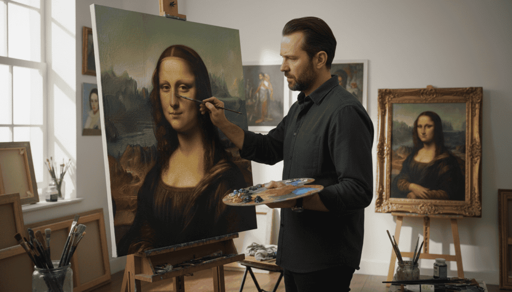 Photographie réaliste d'un artiste peintre professionnel créant une reproduction à l'huile d'un chef-d'œuvre classique sur une toile tendue, vue détaillée des coups de pinceau et d'un cadre élégant dans un atelier lumineux.