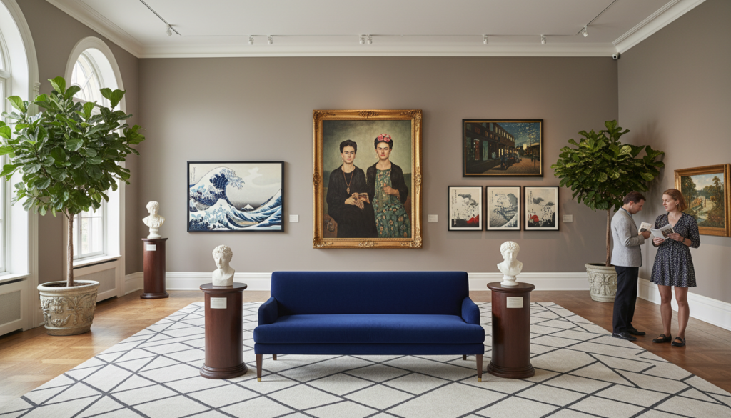 Une galerie d'art intérieure élégante présentant diverses reproductions de tableaux de maîtres célèbres comme Frida Kahlo, Edward Hopper et Hokusai.