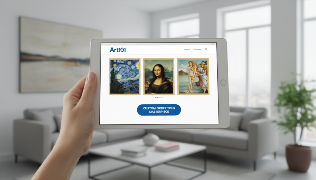 Une main tenant une tablette affichant le site web Art101, montrant une galerie de peintures classiques et un bouton de commande personnalisé, environnement de salon moderne et lumineux, style photographie professionnelle.