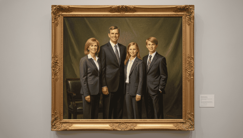 Une peinture à l'huile ultra-réaliste d'un portrait de famille sur toile, style classique avec des coups de pinceau visibles, textures riches, éclairage de studio chaleureux, fond sobre et élégant.