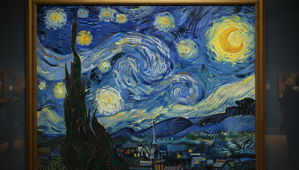 Une prise de vue cinématographique d'une reproduction de tableau à l'huile de haute qualité de La Nuit Étoilée de Vincent van Gogh, montrant des coups de pinceau épais et des couleurs bleues et jaunes vibrantes, éclairage de musée.