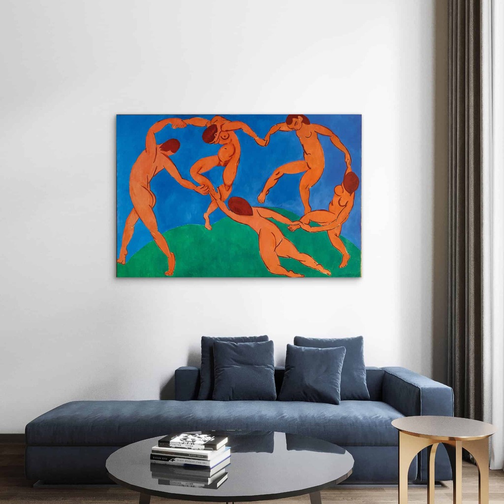 Une reproduction fidèle du tableau La Danse de Henri Matisse, montrant des silhouettes rouges dansant en cercle sur un fond bleu et vert vibrant, style peinture à l'huile avec des coups de pinceau visibles, haute définition.
