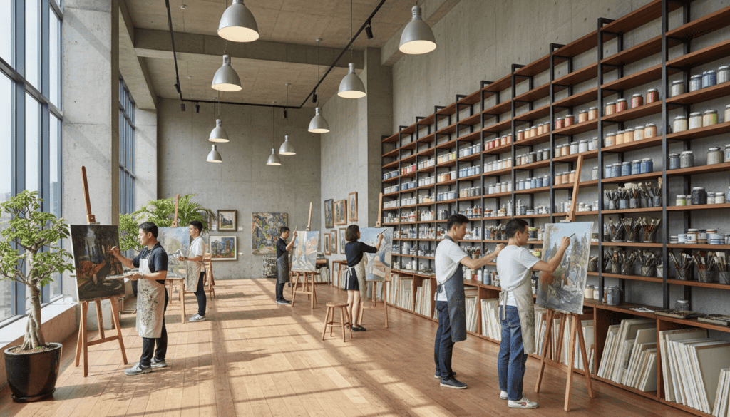 Une vue cinématique d'un atelier d'art spacieux et moderne en Asie, des artistes peintres professionnels travaillant avec précision sur des toiles classiques et modernes, éclairage naturel de studio, étagères remplies de pigments et de pinceaux, ambiance de galerie de prestige.