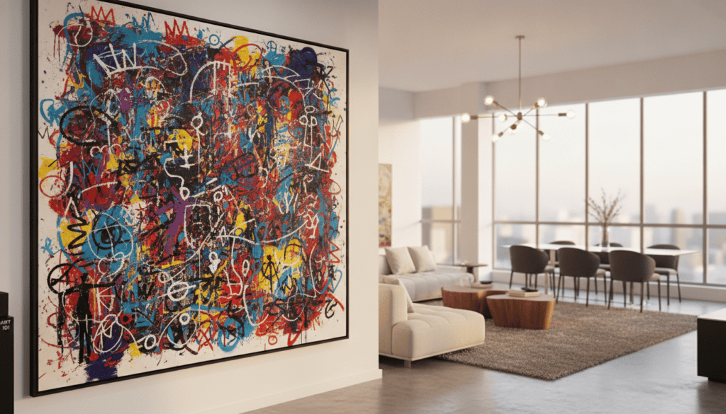 A luxurious loft interior featuring a prominent Basquiat-inspired artwork as the centerpiece, showcasing vibrant, chaotic brush strokes and bold colors on an oversized canvas. In the foreground, a minimalist gallery frame highlights the artwork against a pristine white wall. The middle ground reveals stylish, high-end furnishings in an open-concept layout, with sleek furniture, elegant lighting fixtures, and tasteful decor that complements the art. The background captures expansive windows allowing natural light to flood the space, creating an inviting atmosphere. The scene is depicted with a soft focus for depth, and warm lighting enhances the rich textures of the canvas and luxurious materials. Captured with a wide-angle lens to emphasize the loft's spaciousness. Art 101. A luxurious loft interior featuring a prominent Basquiat-inspired artwork as the centerpiece, showcasing vibrant, chaotic brush strokes and bold colors on an oversized canvas. In the foreground, a minimalist gallery frame highlights the artwork against a pristine white wall. The middle ground reveals stylish, high-end furnishings in an open-concept layout, with sleek furniture, elegant lighting fixtures, and tasteful decor that complements the art. The background captures expansive windows allowing natural light to flood the space, creating an inviting atmosphere. The scene is depicted with a soft focus for depth, and warm lighting enhances the rich textures of the canvas and luxurious materials. Captured with a wide-angle lens to emphasize the loft's spaciousness. Art 101.