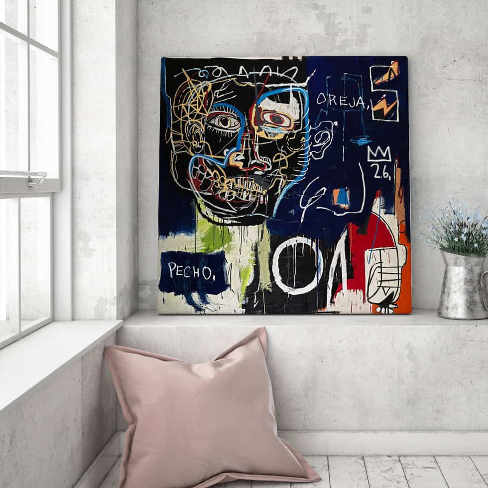 Installez une toile jean michel basquiat neo expressionniste dans votre espace. Reliefs saisissants et matières denses exécutés sur mesure à la commande.