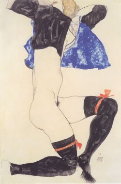 Peinture sur toile de Egon Schiele, Demi nu en collants noirs et veste bleue - 1913 reproduction peinte à la main