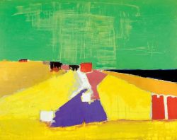 Paysage abstrait vibrant avec blocs jaunes, verts, rouges; ciel, terre et mer en tons contrastés.