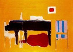 Un piano abstrait noir sur fond jaune vif, accent rouge et formes géométriques, style De Staël.