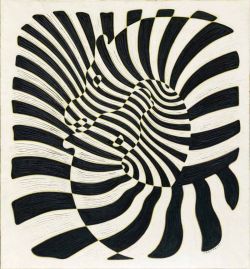 Motif géométrique complexe en noir et blanc, deux têtes de zèbres stylisées entrelacées.