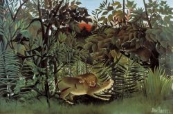 Peinture sur toile de Douanier Rousseau, Le lion affamé se jette sur l'antilope reproduction peinte à la main