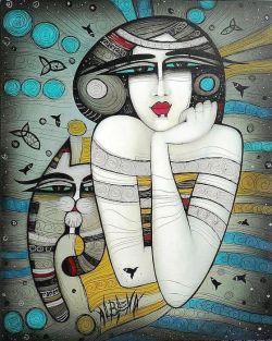 Peinture sur toile de Albena Vatcheva Woman With Cat reproduction peinte à la main