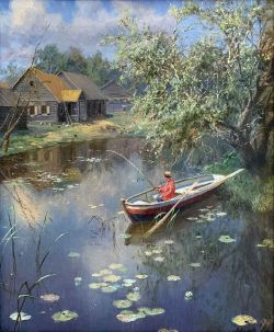 Peinture sur toile de Alexander Alexandrovich Kiselev Landscape With A Fisherman - At The Pond In The Village 1902 reproduction peinte à la main