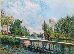 Peinture sur toile de Alfred Sisley, La Passerelle, Tow Path on the Loing Canal, 1886 reproduction peinte à la main