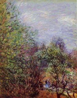 Peinture sur toile de Alfred Sisley, Two Women Walking Along The Riverbank, 1885 reproduction peinte à la main