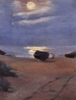 Peinture sur toile de Anna Ancher, Boats in the Moonlight on South Beach reproduction peinte à la main