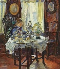 Peinture sur toile de Annie Rose Laing, At the Breakfast Table reproduction peinte à la main