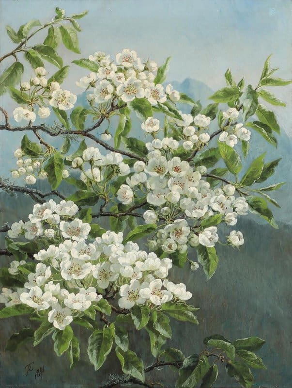 Anthonore Christensen A Flowering Pear Tree With The Alps In The Background 1891