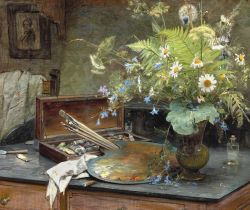 Peinture sur toile de Bertha Wegmann Interior With A Bunch Of Wild Flowers The Artist S Paint Box A Palette And A Half-smoked Cheroot reproduction peinte à la main