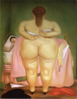 Peinture sur toile de Botero, Femme agrafant son soutien-gorge reproduction peinte à la main