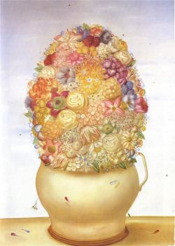 Peinture sur toile de Botero, Fleurs en pot reproduction peinte à la main