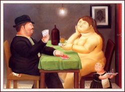 Peinture sur toile de Botero, Le joueur de carte reproduction peinte à la main