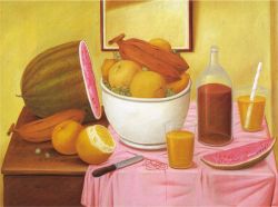 Peinture sur toile de Botero, Nature morte avec une oreangeade reproduction peinte à la main