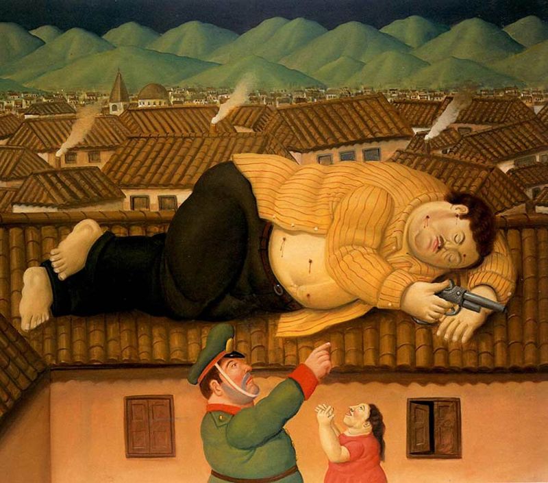 Botero, Pablo Escobar mort couché sur un toit de tuiles rouges