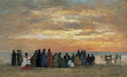 Peinture sur toile de Boudin, Figures à la plage de Trouville - 1869 reproduction peinte à la main