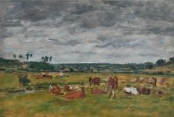 Peinture sur toile de Boudin, Paysage avec vaches - 1881 reproduction peinte à la main