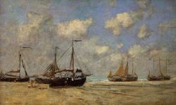 Peinture sur toile de Boudin, Scheveningen, bateaux échoués sur la rive - 1875 reproduction peinte à la main