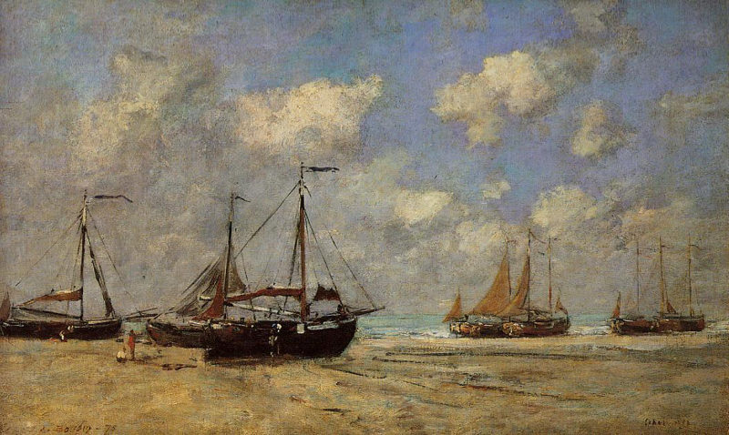 Boudin, Scheveningen, bateaux échoués sur la rive - 1875