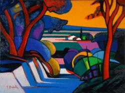 Peinture sur toile de Briata, Provence au ciel jaune - 1998 reproduction peinte à la main