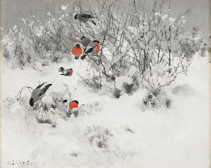 Bruno Andreas Liljefors Winter Landscape With Bullfinches