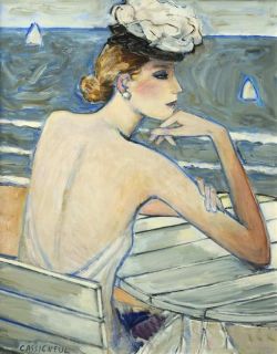 Peinture sur toile de Cassigneul Femme Pensive Sur La Plage reproduction peinte à la main